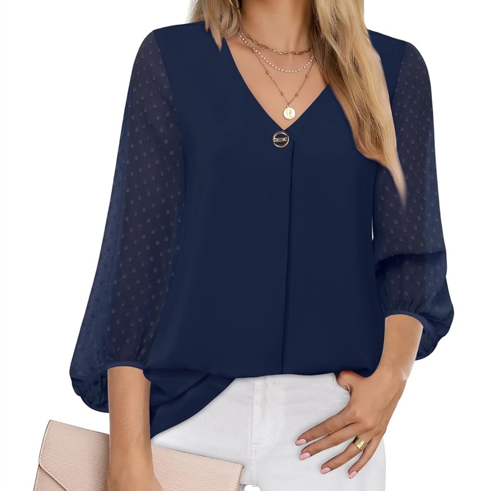 Bebonnie Sheer Chiffon Sleeves Navy Blue Women's Blouse Size XXL